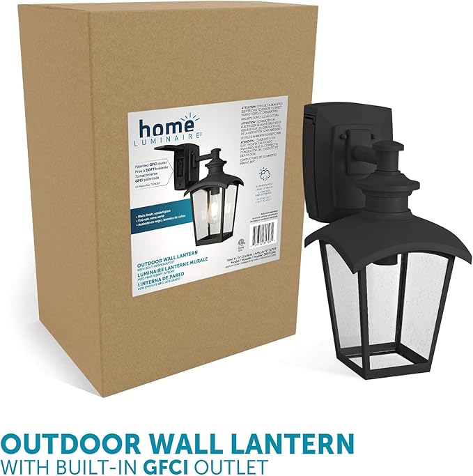 Home Luminaire 31703 Spence 1-Light Outdoor Wall Lantern with Seeded Glass and Built-in GFCI Outlet, Black | Lumora