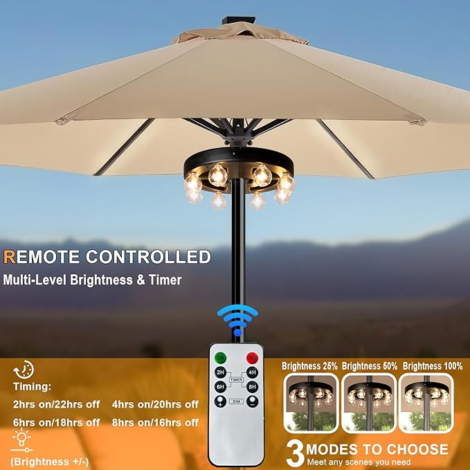 Umbrella Lights Outdoor Patio, Rechargeable Cordless with Dimmer &Timer, 8 Bright Warm White LED Bulbs Perfect for | Lumora