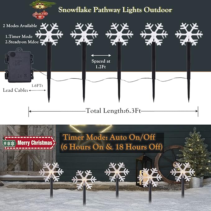 Christmas Snowflake Pathway Lights Outdoor,6.3Ft Battery Operated LED Stake Lights with Timer for Lawn Yard Walkway Garden Decor Xmas Marker Decorations,5 Pack Decorative Landscape Lighting Warm White