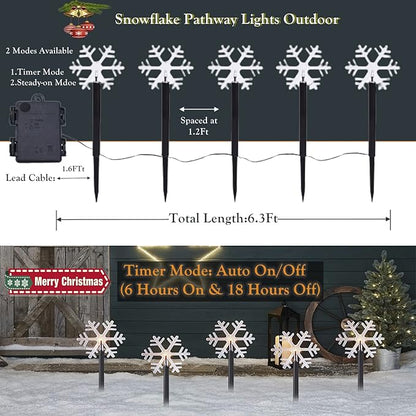 Christmas Snowflake Pathway Lights Outdoor,6.3Ft Battery Operated LED Stake Lights with Timer for Lawn Yard Walkway Garden Decor Xmas Marker Decorations,5 Pack Decorative Landscape Lighting Warm White