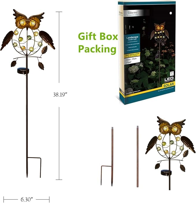 TAKE ME Owl Garden Solar Lights Outdoor, Solar Powered Stake Lights Chrismas Gifts Garden Gifts Mom Wife Grandma - Metal OWL LED Decorative for Walkway,Pathway,Yard,Lawn (Bronze)
