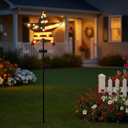 Garden Solar Lights 4th of July Decorations 3D Metal Stars for Outside with 11 Vintage Bulbs, Memorial Day Decorations American Flag Lights Patriotic Decor Outdoor Solar Pathway Light 46.5”