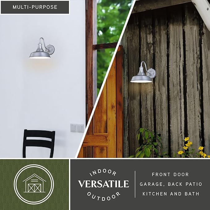 VAXCEL Dorado 9 in. H 1-Light Satin Silver and White Dusk to Dawn Sensor Farmhouse Outdoor Wall Sconce, Gooseneck Steel Shade, Dark Sky Compliant for Exterior Porch Patio Front Door or Garage