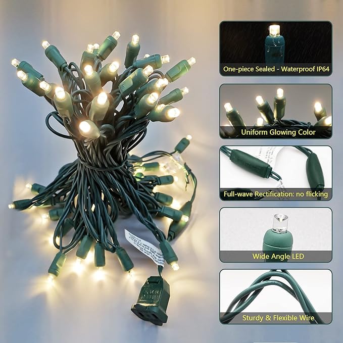 Christmas Lights 50 Warm White LED 17FT Mini LED String Lights, 120V UL, Green Wire Xmas Lights for Indoor & Outdoor Use, Holiday Party Decorations,Trees, Light Displays