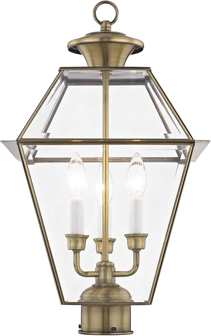 Livex Lighting Lantern 2384-01 Westover 3-Light Outdoor Post Head, Antique Brass | Lumora
