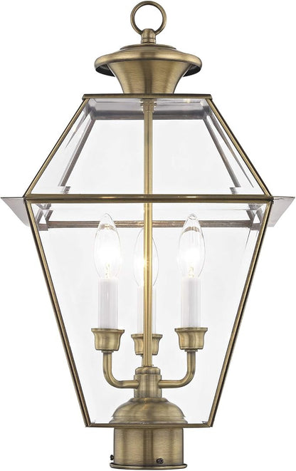 Livex Lighting Lantern 2384-01 Westover 3-Light Outdoor Post Head, Antique Brass