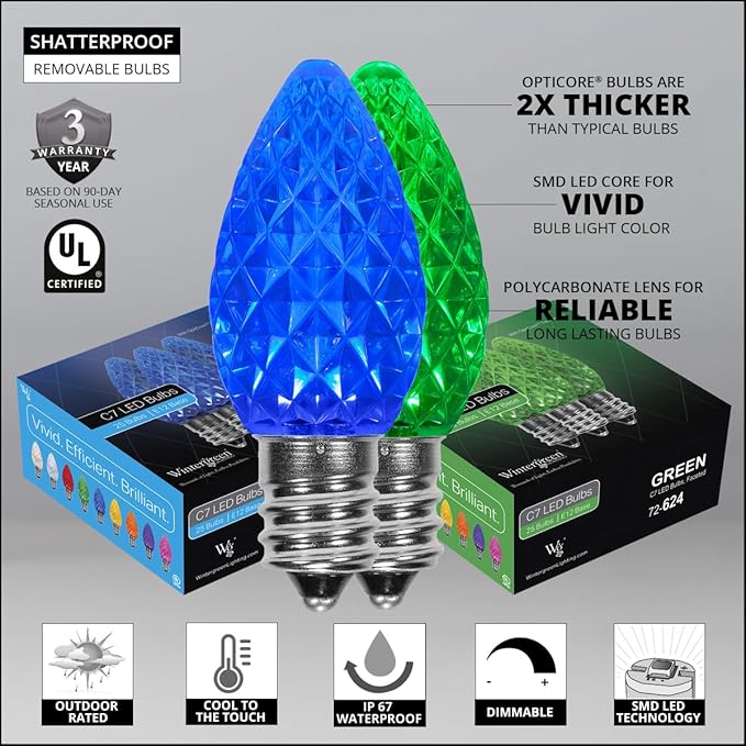 Wintergreen Lighting Set of 50 C7 OptiCore Blue and Green Commercial Christmas Lights – LED Outdoor Heavy Duty | Lumora
