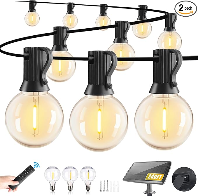 240FT Solar String Lights Outdoor Waterproof with Remote, G40 Solar Powered String Lights with 80+3 LED Shatterproof Bulbs, Dimmable Solar Patio Hanging Lights for Outside Backyard Party
