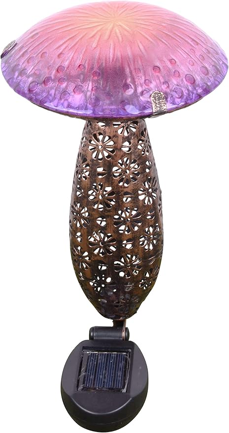Hi-Line Gift Ltd. 78417-B Metal and Glass Solar Mushroom W/LED-Pink and Purple Garden Stake