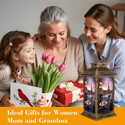 Solar Lantern Outdoor Waterproof Vintage Paris Eiffel Tower French Cityscape Cafe Decor Romantic City Garden Decor LED Solar Lights Hanging/Tabletop Lamp Gifts for Women Mom for Outside Yard Patio