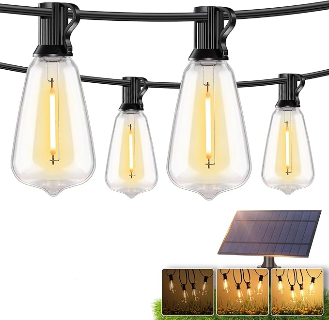 Brightever 60FT Solar String Lights Outdoor Waterproof, Patio Lights Solar Powered with Remote, 25+1 Shatterproof ST38 LED Bulbs 3 Lighting Modes, Dimmable Solar Lights for House, Market, Bistro