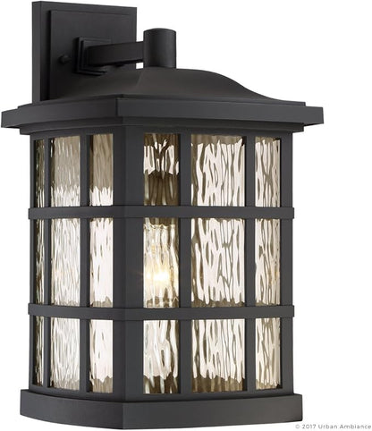 Urban Ambiance Luxury Craftsman Outdoor Wall Light, Medium Size: 17" H x 11" W, with Tudor Style Elements, Highly-Detailed Design, High-End Black Silk Finish and Water Glass, UQL1236