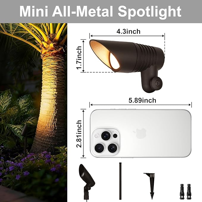 Mini LED Landscape Spotlights, 16'' Tall Pole, 5CCT 5W 12 Volt Wired Low Voltage Bronze Landscape Small Spotlights for Outdoor Tree Flag House Pathway Driveway, 60° Beam Angle, 6PK