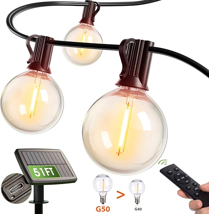 addlon 160FT LED Outdoor String Lights (3x50FT) 50FT Solar String Lights for Outside G50
