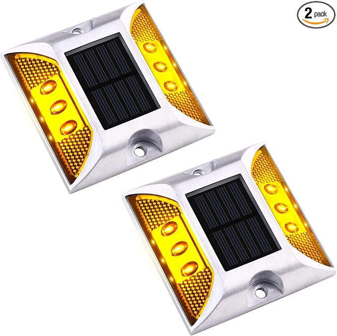 Aolyty Solar Driveway Dock Lights, IP68 Waterproof Solar Deck Light Outdoor Warning Step Lights Reflective Road Marker for Sidewalk Stair Garden Pathway Walkway (2 Pack, Yellow)
