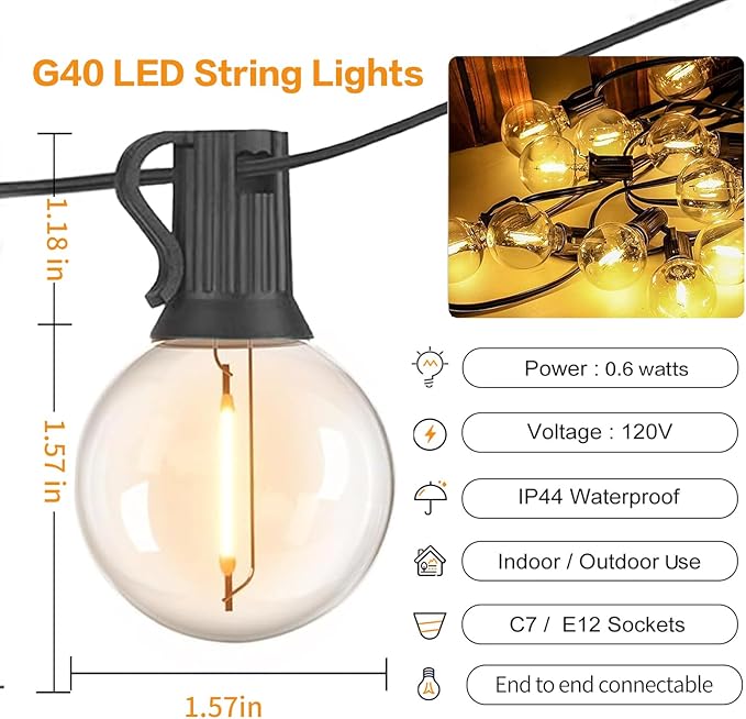 Outdoor String Lights 25FT, G40 LED Patio Globe Lights with 27 Shatterproof Bulbs, Waterproof Connectable Hanging Lights for Backyard Porch Wedding Christmas Decor, Warm White