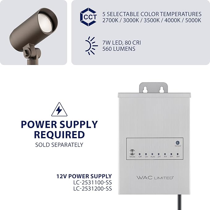 WAC Limited Landscape Lighting 12V Accent and Spot Light 60 Degree Wide Beam Angle with 5-CCT Selectable in Bronze