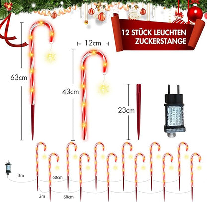 HELESIN 12 Piece Light Chain Candy Cane, LED Candy Stick Christmas Lighting Outdoor with Sparkling Snowflake, 12 Lighting Modes Candy Sticks Christmas Decor for Lawn, Terrace, Gifts