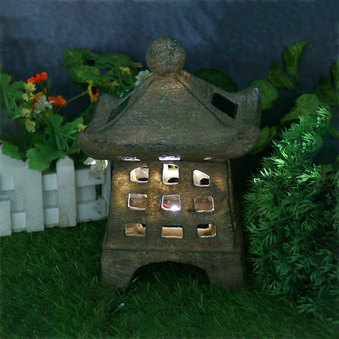 Solar Pagoda Garden Statue Solar Pathway Lights Resin Japanese Style Lantern Outdoor Landscape Decor for Patio Backyard Lawn