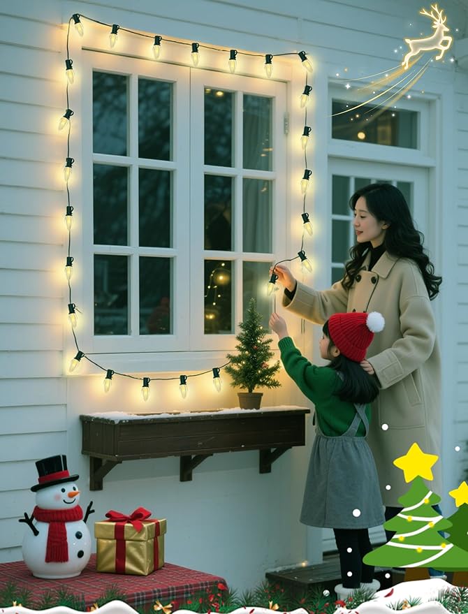 25Ft Clear Chritsmas Lights Outdoor, C7 Vintage String Lights with 27 Clear Incandescent Bulbs, Hanging Patio Lights for Porch Roofline Christmas Tree Garden Pathway Indoor Decor