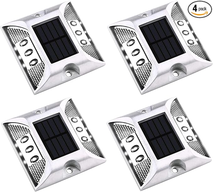 Aolyty Solar Driveway Dock Lights, IP68 Waterproof Solar Deck Light Outdoor Warning Step Lights Reflective Road Marker for Sidewalk Stair Garden Pathway Walkway (4 Pack, White)