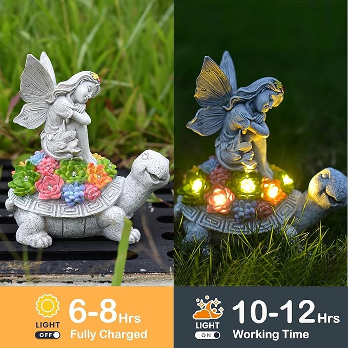 Garden Decor Solar Statue Lights, Outdoor Resin Turtle and Angel Statues, Turtle Figurine for Patio Lawn Front Porch Yard Decoration - Housewarming Birthday Gifts for Mom Grandma Women