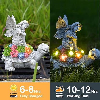 Garden Decor Solar Statue Lights, Outdoor Resin Turtle and Angel Statues, Turtle Figurine for Patio Lawn Front Porch Yard Decoration - Housewarming Birthday Gifts for Mom Grandma Women