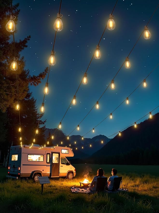 luckystyle 100FT Solar String Lights Outdoor Waterproof with 36+2 LED Bulbs Long Last for 20+Hrs, Commercial Grade Shatterproof Patio Solar Powered Lights for Camping，Backyard, Garden, Porch Decor