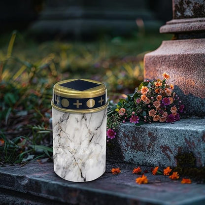 Poceacles Outdoor Solar Garden Lights - Water Resistant Pillar Candle Stake Lights for Cemetery Grave Decorations, White Marble