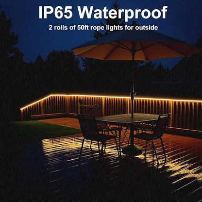 2Pack 50ft LED Rope Lights Outdoor Waterproof, 12V Dimmable Strip Light, Flexible LED Rope Lighting 3000K for Bedroom, Living Room, Backyard, Indoor Outdoor Decor