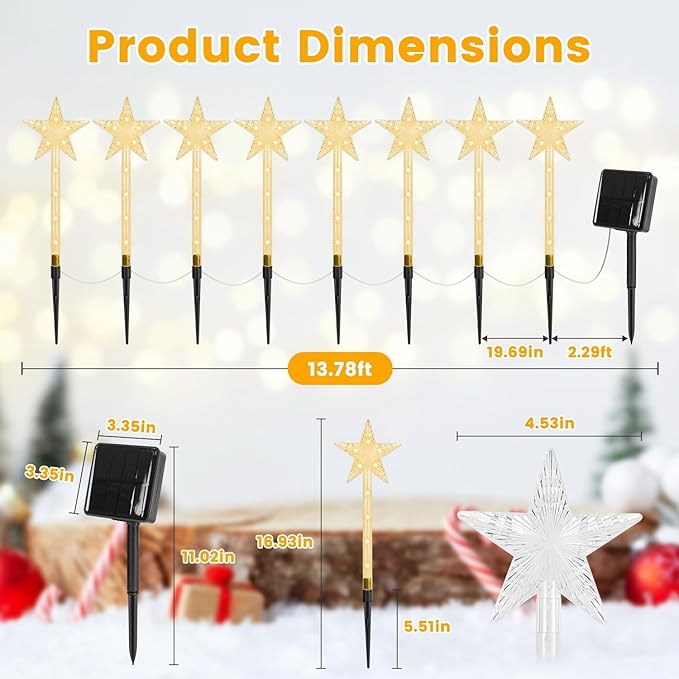 Solar Christmas Decorations Outdoor-8 Pack 64 Warm White LED Star Pathway Lights with 8 Modes IP64 Waterproof Xmas Decoration for Garden Patio Yard Porch Driveway