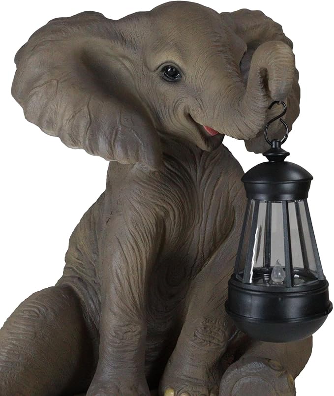 Ebros Safari Savanna Wildlife Animal Melee Adorable Pachy Elephant Statue Home Patio Decor Figurine with Solar LED Light Lantern Lamp 13.75" H Guest Greeter Elephants Path Lighter Sculpture