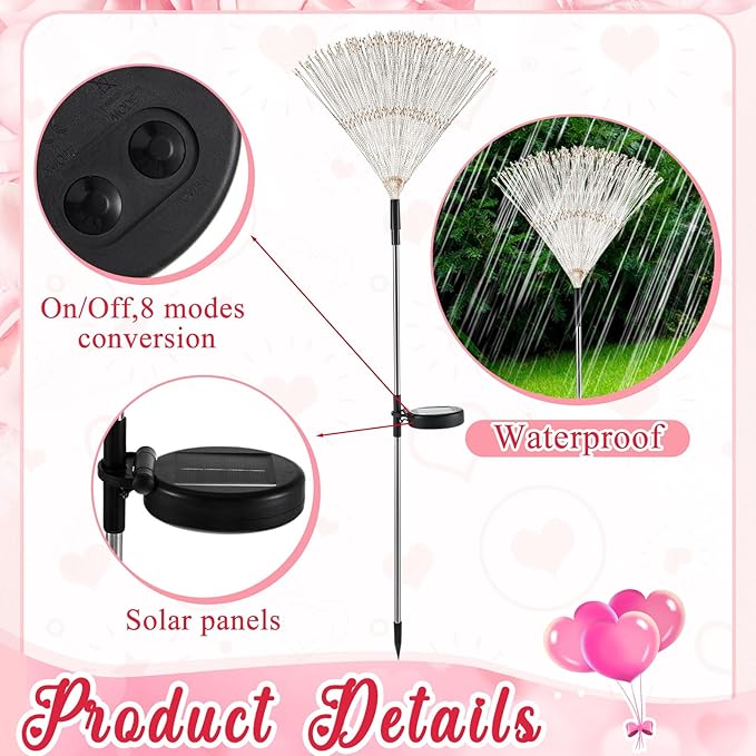 6 Pcs Valentine's Day Solar Firework Lights Solar Lights Outdoor Garden 120 LED 8 Modes Waterproof LED Sparkler Outdoor for Valentines Patio Yard Pathway Walkway (Red,Pink)