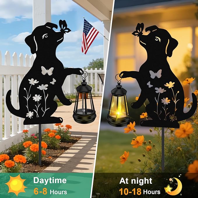 Solar Garden Statues Dog Decor - Outdoor Metal Lantern Silhouette Stake, Waterproof Solar Lights for Yard Patio | Lumora
