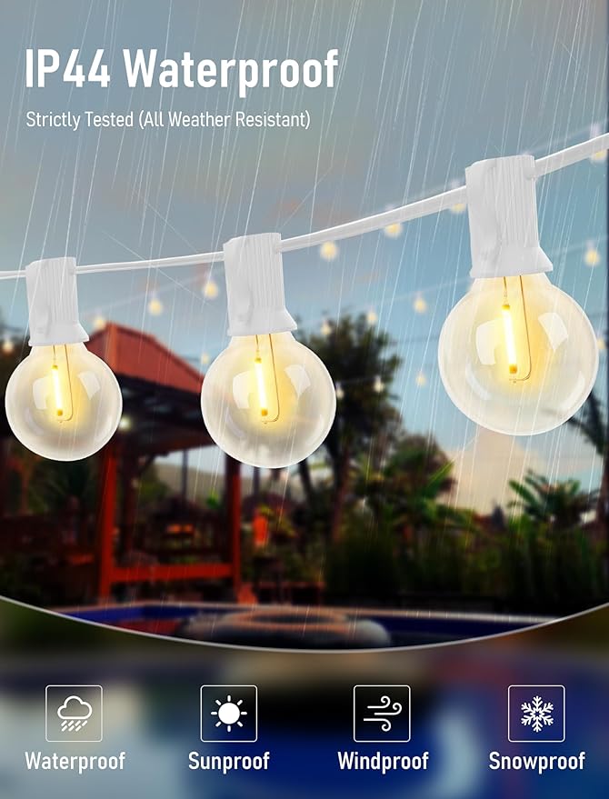 AD 25Ft Globe Led Outdoor String Lights Waterproof Shatterproof, Connectable Hanging Patio String Lights with 25 LED Plastic Clear Bulbs for Café Bistro Pergola Tents