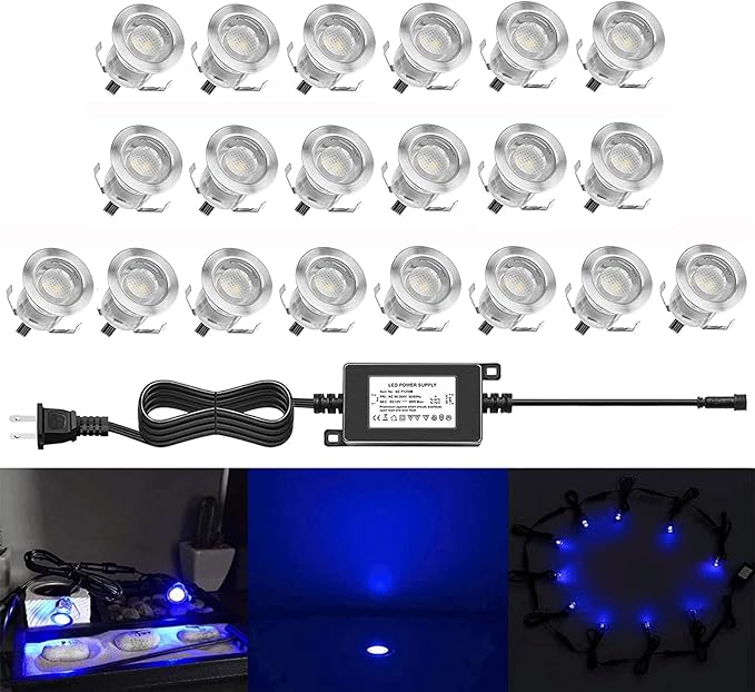 20pcs Low Voltage LED Deck Light Kit, Waterproof Recessed Wood Decking Stairs Garden Yard Patio Decor Lamp Outdoor LED Lighting Blue