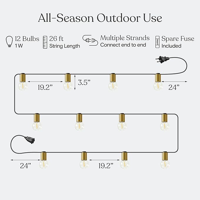 Brightech Glow LED String Lights - 26 Ft Commercial Grade Patio Lights with Brass Accents - Outdoor Waterproof | Lumora