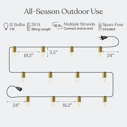 Brightech Glow LED String Lights - 26 Ft Commercial Grade Patio Lights with Brass Accents - Outdoor Waterproof Globe String Light for Backyard, Garden