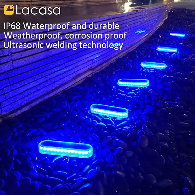 Lacasa Solar Dock Lights Marine 4-Pack - Solar Powered Blue LED Deck & Step Lights, IP68 Waterproof for Patio, Walkway, Pathway, Backyard