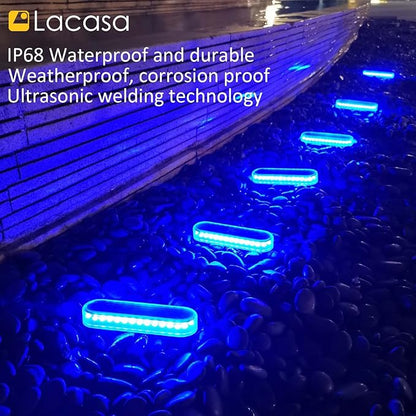 Lacasa Solar Dock Lights Marine 4-Pack - Solar Powered Blue LED Deck & Step Lights, IP68 Waterproof for Patio, Walkway, Pathway, Backyard
