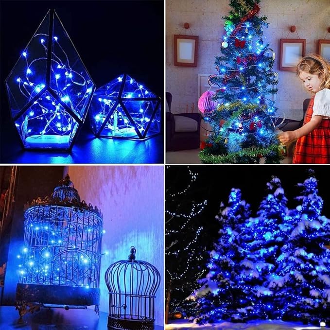 2 Pack 33ft 100 LED Solar Copper String Lights,8 Modes Christmas Fairy Lights Waterproof IP65 Twinkle Lighting Indoor Outdoor Fairy Firefly Lights Auto ON/Off (Blue)