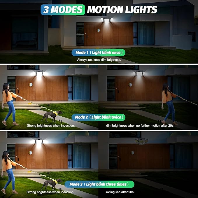 6500K Solar Outdoor Lights,3000LM 304 LED Motion Sensor Outdoor Lights, 3 Heads Security Light,IP67 Waterproof, 270°Flood Wall Light with 3 Modes for Backyard Yard,2 Pack