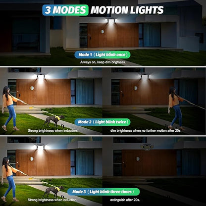 6500K Solar Outdoor Lights,3000LM 304 LED Motion Sensor Outdoor Lights, 3 Heads Security Light,IP67 Waterproof, 270°Flood Wall Light with 3 Modes for Backyard Yard,2 Pack