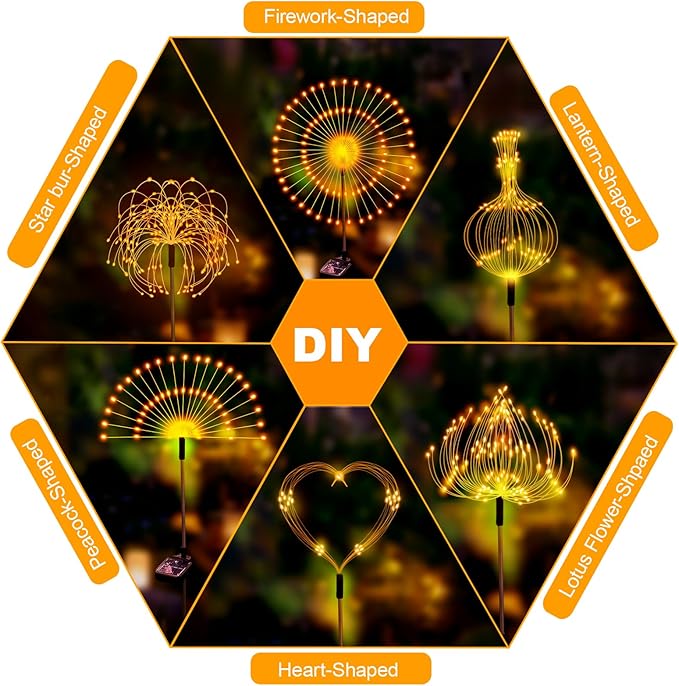 Solar Fireworks Lights for Outside, 150LED 8 Modes Fireworks Solar Lights Outdoor, Fairy Garden Flowers for Yard Pathway Wedding Party Christmas Diwali Garden Decor 2Pack (Warm White)
