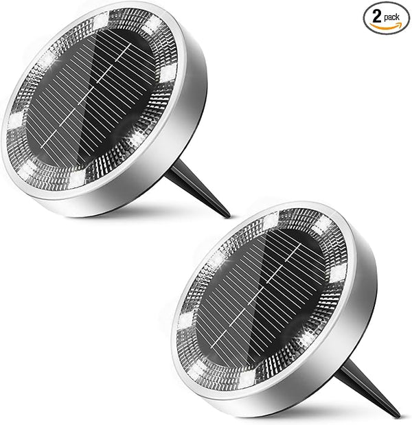 2 Pack Solar Ground Lights Outdoor, 8 LED Mini Flat Solar Disk Lights, IP65 Waterproof Anti-Rust Disc Light | Lumora