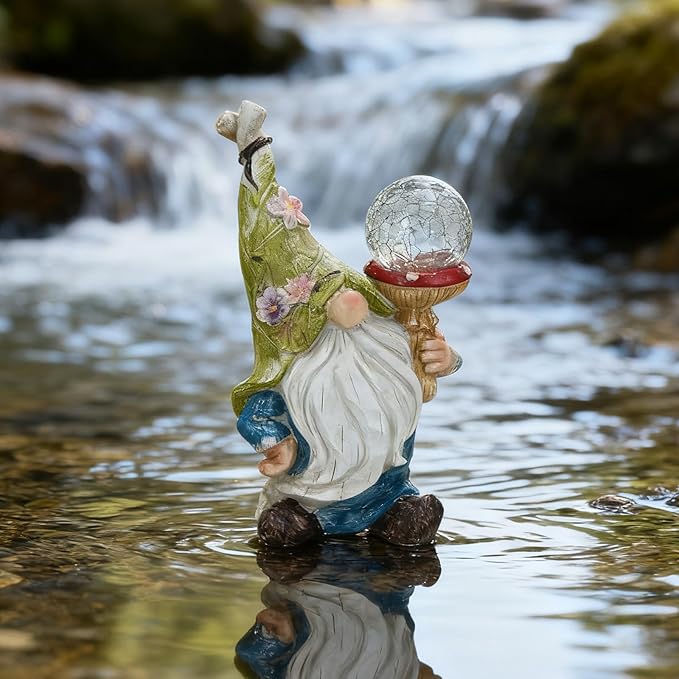 Garden Gnome Solar Light Statue - Outdoor Decorative Figurine with Crackle Glass Globe, Blue & White Floral Design | Lumora