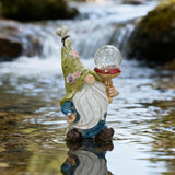 Garden Gnome Solar Light Statue - Outdoor Decorative Figurine with Crackle Glass Globe, Blue & White Floral Design | Lumora
