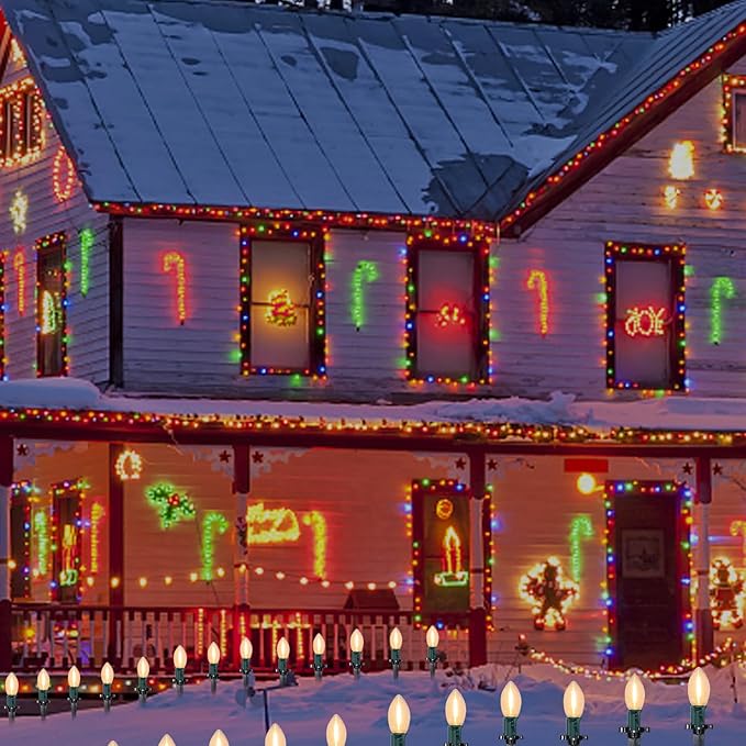 C9 Christmas Lights Outdoor, 38Ft Christmas Pathway Lights with 27 LED Bulbs and 25 Marker Stakes, Connectable Outdoor Decorations Yard Walkway Sidewalk Holiday, Warm White