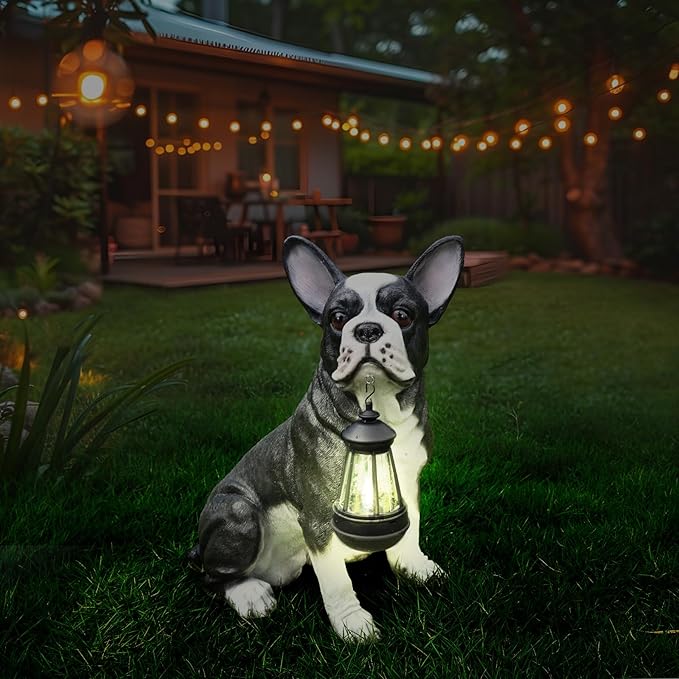 Outdoor Boston Terrier Dog Statue with Interchangeable Welcome Sign and Detachable Solar Lantern –LED Light Garden Dog Sculpture Décor, Cute Puppy Design for Yard, Porch, Gift