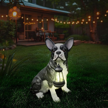 Outdoor Boston Terrier Dog Statue with Interchangeable Welcome Sign and Detachable Solar Lantern –LED Light Garden Dog Sculpture Décor, Cute Puppy Design for Yard, Porch, Gift